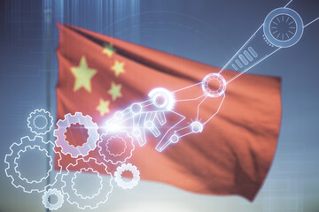 Aufkleber - Abstract virtual robotics technology hologram on Chinese flag and blue sky background, artificial intelligence and machine learning concept. Multi exposure