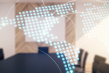 Poster - Abstract virtual world map with connections on a modern conference room background, international trading concept. Multiexposure