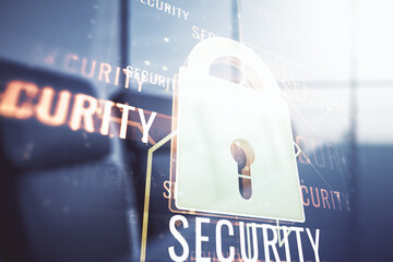Aufkleber - Virtual creative lock illustration with microcircuit on a modern coworking room background, cyber security concept. Multiexposure