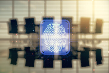Aufkleber - Multi exposure of virtual abstract fingerprint illustration on a modern conference room background, digital access concept