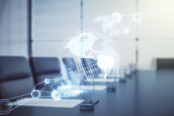 Aufkleber - Abstract virtual robotics technology sketch with globe on a modern boardroom background, future technology and AI concept. Double exposure