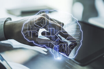 Aufkleber - Double exposure of creative artificial Intelligence symbol with finger clicks on a digital tablet on background. Neural networks and machine learning concept