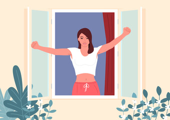 Beautiful young woman doing morning stretch at the window, daily routine, breathe fresh air, vector illustration