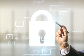 Poster - Man hand with pen working with abstract virtual lock illustration with postal envelopes on blurred office background, cyber security and email protection concept. Multiexposure