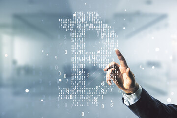 Poster - Double exposure of male hand presses on creative Bitcoin symbol hologram on blurred office background. Cryptocurrency concept