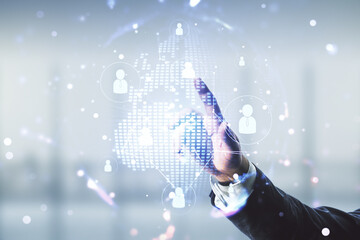 Poster - Man hand clicks on virtual social network media hologram and world map on blurred office background. Double exposure
