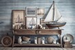 On a wooden table are nautical boat shaped shelves and nautically themed items. filtered vintage. Generative AI