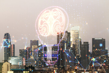 Poster - abstract virtual creative light bulb with human brain hologram on los angeles office buildings backg
