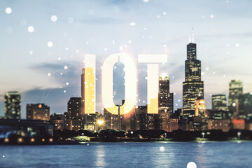 Poster - Abstract virtual IOT hologram on Chicago skyline background. Multiexposure
