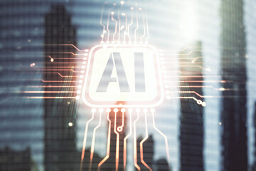 Poster - Abstract virtual artificial Intelligence symbol hologram on office buildings background. Multiexposure