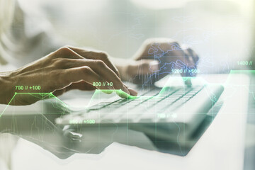 Poster - Abstract creative analytics data spreadsheet with hands typing on laptop on background, analytics and analysis concept. Multiexposure