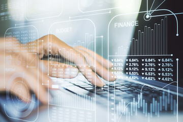 Poster - Multi exposure of stats data illustration with hands typing on computer keyboard on background, computing and analytics concept