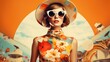 Fashion woman wearing 60s retro style summer dress, sunglasses and hat, Travel themes collage, Retro print style summer poster. AI generative.