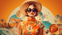 Fashion Woman Wearing 60s Retro Style Summer Dress, Sunglasses And Hat, Travel Themes Collage, Retro Print Style Summer Poster. AI Generative.