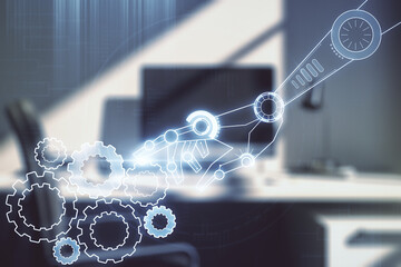 Aufkleber - Double exposure of robotics technology hologram and modern desktop with laptop on background. Research and development software concept
