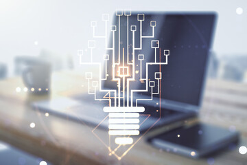 Aufkleber - Creative idea concept with light bulb and microcircuit illustration and modern desktop with computer on background. Neural networks and machine learning concept. Multiexposure