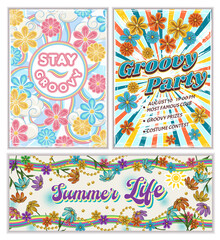 Wall Mural - Set of groovy retro veritcal posters, horzontal banner with chamomile flowers, text. Good vibes, party, celebration concept. Bright summer vintage illustration.