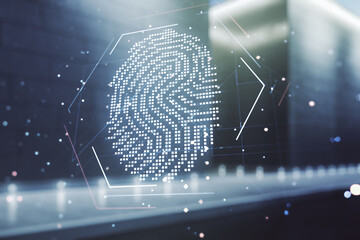 Aufkleber - Abstract virtual fingerprint hologram on blurry modern office building background. Multiexposure