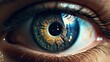 eye of a person with implantants in the iris, iris modification, future person body transformation, android