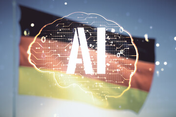 Poster - Double exposure of creative artificial Intelligence interface on German flag and blue sky background. Neural networks and machine learning concept