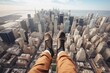 feet hanging from top of a building or helicopter, levitating over the city, person flying over new york city