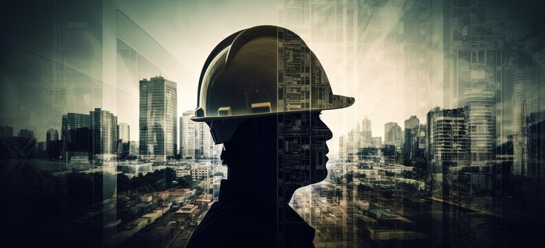 Silhouette of engineer and construction guy working at site over double exposure background 