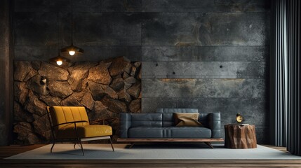 interior of a dark living room, dark stone interior, slate