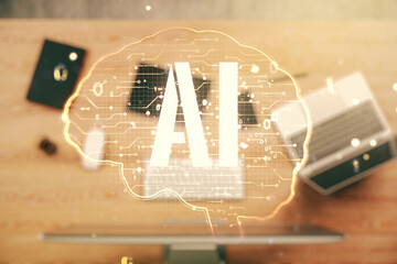 Poster - Double exposure of creative human brain microcircuit with computer on background. Future technology and AI concept