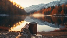 Woman Hand Holding A Mug Of Hot Coffee Near A Lake In The Mountains In The Morning