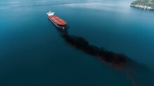 Ecological Disaster, Oil Spill In Ocean Near Tanker, Top View. Commercial Delivery. AI Generated.