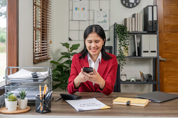 Sticker - Beautiful business asian woman with working office desk using phone and computer laptop