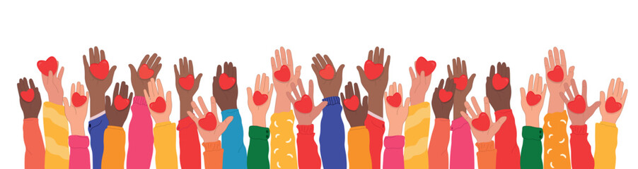 World Humanitarian Day -19 August - horizontal banner. Hands raised up hold hearts, share compassion and hope with those in need.