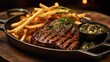 Steak Frites served on a cast iron plate, garnished with fresh herbs and a side of fries