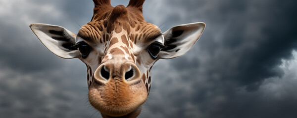 Wall Mural - giraffe animal close up portraitfront view looking at camera banner with copy space