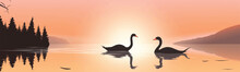 Tranquil Scene Of Swans On A Lake At Dawn Vector Isolated Illustration