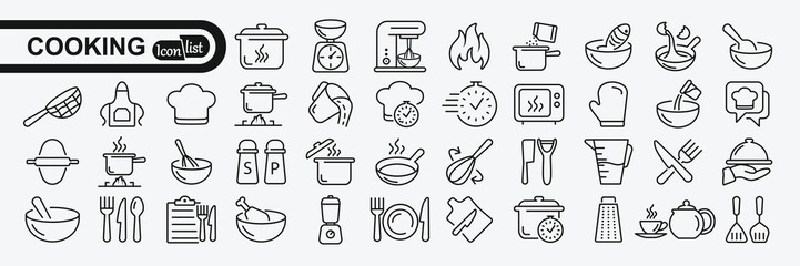  Cooking and kitchen line icon collection. Cooking book, frying time, hot pan. vector illustration.