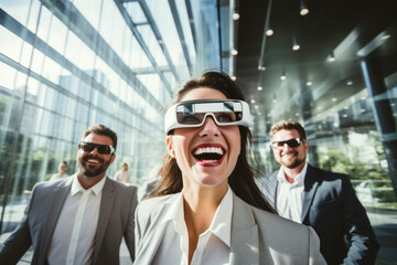 business person in a suit deeply engaged with  VR glasses, exploring a virtual workspace boost productivity and efficiency in the modern office,modern  futuristic technology enhanced smile, gen ai