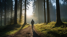 Person Walking In The Forest At Morning