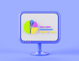 Poster - computer monitor icon with pie charts, graph. cartoon 3d render round infographic diagram on blue pc