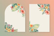 Festive template for invitations, celebrations and birthdays with watercolor illustration of tropical leaves and flowers.