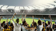 © Lustre Art Group  - Backview of supporting cheering soccer fans with raising one hand, 3d model of stadium. Concept of sport, emotions, games, tour