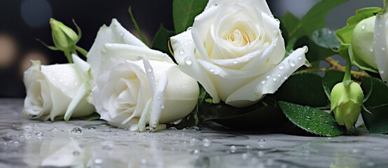 Beautiful white flowers, roses, over marble background. Bouquet of flowers at cemetery , funeral concept.