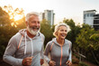 © BrightSpace - Happy senior couple running together in the park, celebrating love, health, and retirement ,Elderly couple's joyful run in the park reflects their love-filled, healthy senior lifestyle,banner,. gen ai