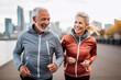 © BrightSpace - Happy senior couple running together in the park, celebrating love, health, and retirement ,Elderly couple's joyful run in the park reflects their love-filled, healthy senior lifestyle,banner,. gen ai