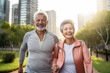 © BrightSpace - Happy senior couple running together in the park, celebrating love, health, and retirement ,Elderly couple's joyful run in the park reflects their love-filled, healthy senior lifestyle,banner,. gen ai
