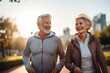 © BrightSpace - Happy senior couple running together in the park, celebrating love, health, and retirement ,Elderly couple's joyful run in the park reflects their love-filled, healthy senior lifestyle,banner,. gen ai