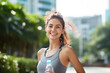 © BrightSpace - Vibrant Midlife Woman Exercising Outdoors: Beautiful Lady portrait people jogging with Freshness in Urban Park with Trees and Buildings with bright sun and nature light, healthy concept, gen ai