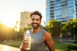 © BrightSpace - a cheerful athletic man takes a refreshing break from jogging in the radiant park, sipping water with a smile. His healthy lifestyle and fit physique showcase the joys of staying active, gen ai
