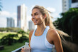 © BrightSpace - Vibrant Midlife Woman Exercising Outdoors: Beautiful Lady portrait people jogging with Freshness in Urban Park with Trees and Buildings with bright sun and nature light, healthy concept, gen ai