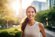 © BrightSpace - Vibrant Midlife Woman Exercising Outdoors: Beautiful Lady portrait people jogging with Freshness in Urban Park with Trees and Buildings with bright sun and nature light, healthy concept, gen ai
